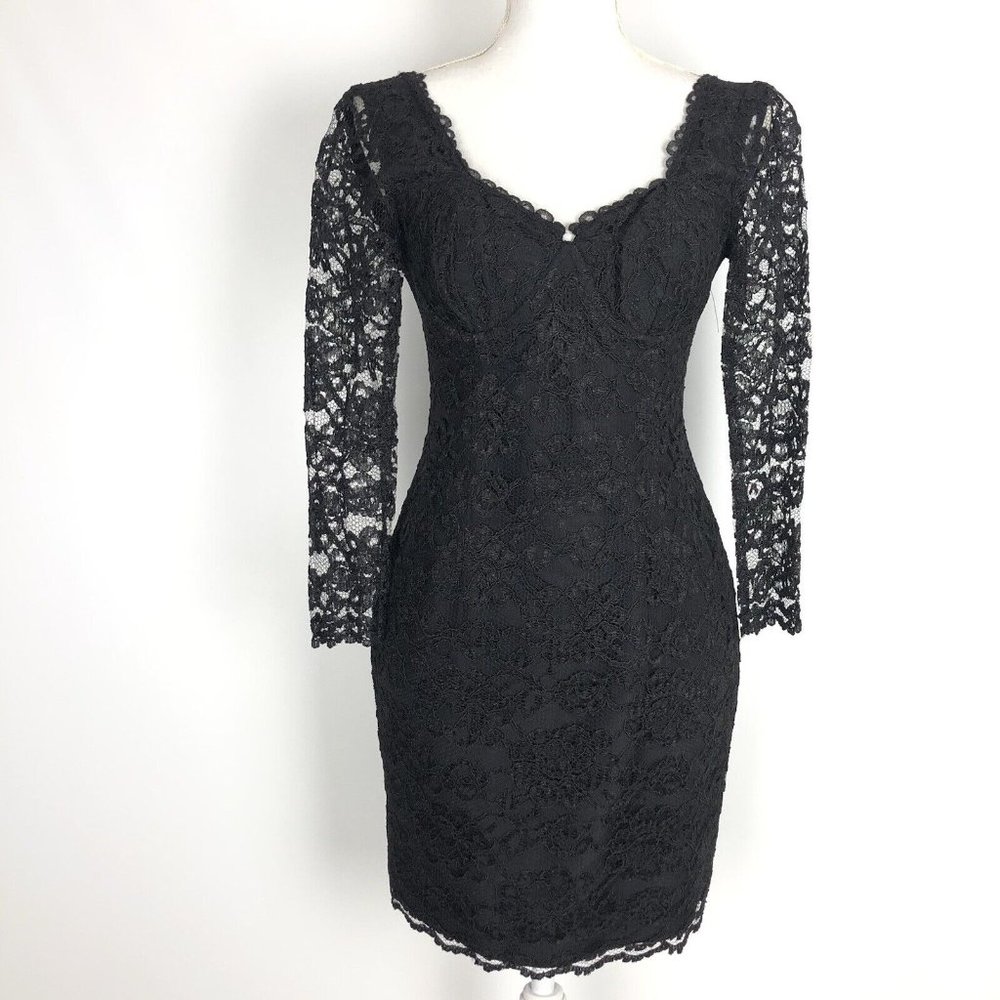 VTG 90s Black Lace Bustier Sheath Pencil Dress Sheer Sleeves Sexy Date Night 2P